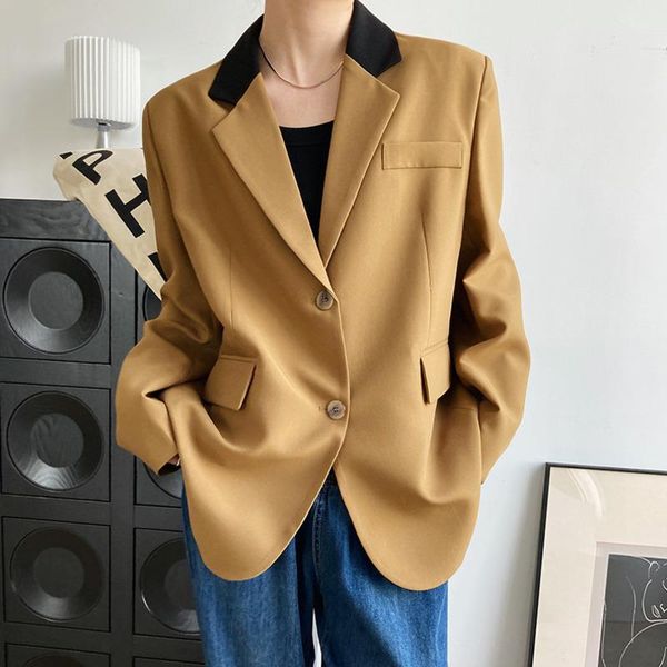 

women's suits & blazers [ewq] suit jacket long sleeve women blazer 2021 autumn contrast color lapel ladies clothing khaki coats, White;black
