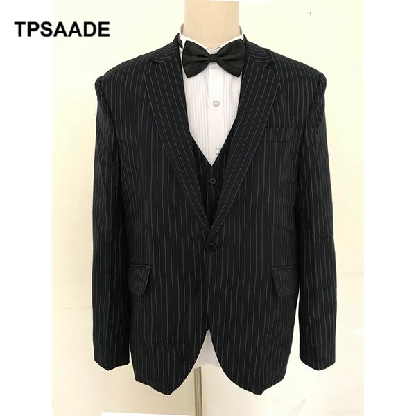 

men's suits & blazers (jacket ++ vest) fashionable wear marine blue smoking stripes slim fit prom party male 9ree, White;black