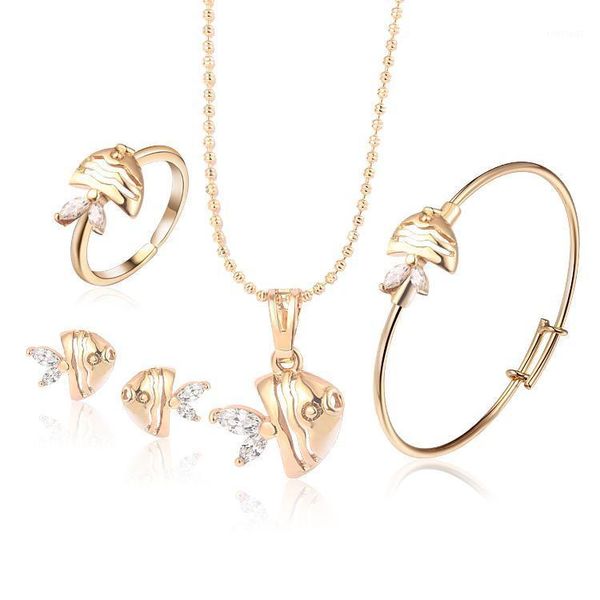 Ohrringe Halskette Ankunft Kristall Zirkon Goldfarben Kinder Mädchen Schmuck Sets Anhänger Armband Baby Ring 7S18K-86