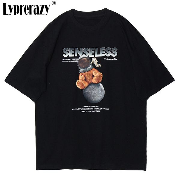

casual printed t-shirt harajuku cartoons space bear men summer short sleeve hip hop oversized, White;black