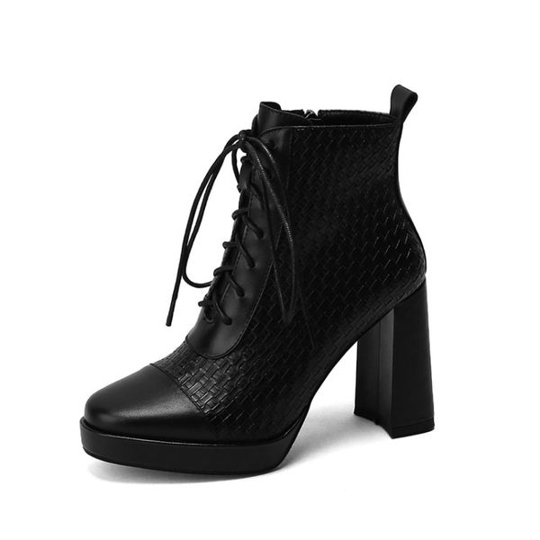 

winter short boots women designer round toe block hight heel soft natural genuine leather party wedding fashion luxury platform lady warorwa, Black