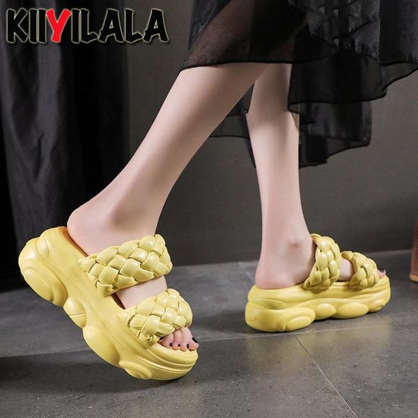 

slippers kiiyilala flat platform heels slides women rope lattice peep toe outside wedge chunky sole sippers mujer elegant shoes, Black