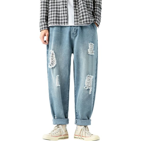 

2021 new men's vintage straight jeans ripped plus size hip hop blue jean for mens denim pants men fashion trousers 92jf
