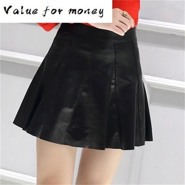 

waist new high leather pleated skirt k121 y1214, Black