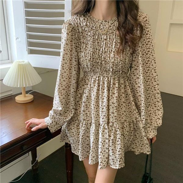 

casual dresses vintage women autumn 2021 korean slim waist folds long sleeve floral print robes elegant party beach vestidos feminino, Black;gray