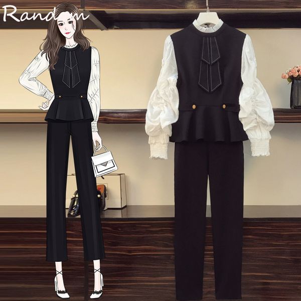 

elegant office pant female suit fall plus size ruff shirt and pants two smart ensemble casual matching cloth jw90, Gray