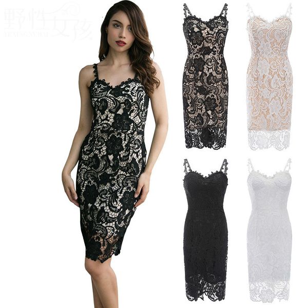 

2021 new bodycon embroidery lace mini spaghetti strap elegant women party night gown backless spring summer vintage lady su0l, Black;gray