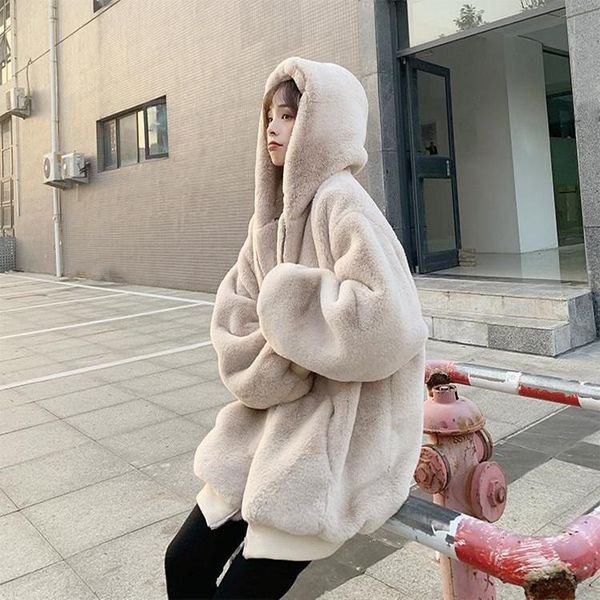 

women's fur & faux loose plush coat female winter imitation rex grass medium long 2021 thickened hooded, Black