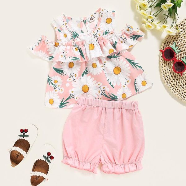 

clothing sets baby girl flower outfits set born girls short sleeve pink floral t-shirt and solid shorts pants toddlers dress, White