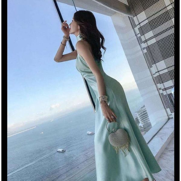 

night club women's temperament open back suspender bridesmaid solid color dress long beach skirt, Black;gray