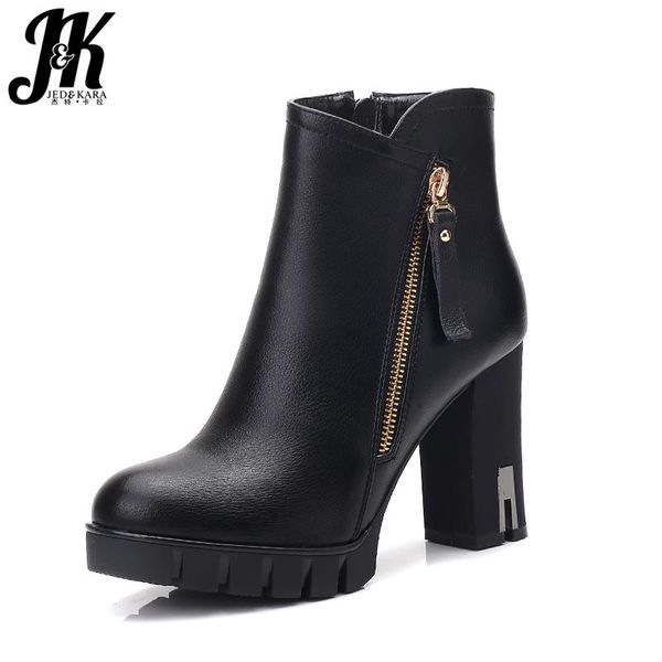 

boots jk 2021 high heels ankle women autumn pu zipper boot round toe square footwear party platform feminine shoes, Black