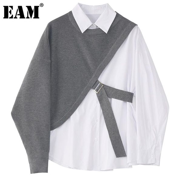 

eam] women ribbon gray knitting big size blouse new lapel long sleeve loose fit shirt fashion tide spring autumn 2021 1dd0062, White