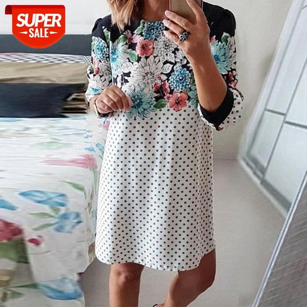 

autumn dot floral print patchwork women's dresses loose three quarter sleeve o-neck female dress new fashion casual lady clothes #wq9g, Black;gray