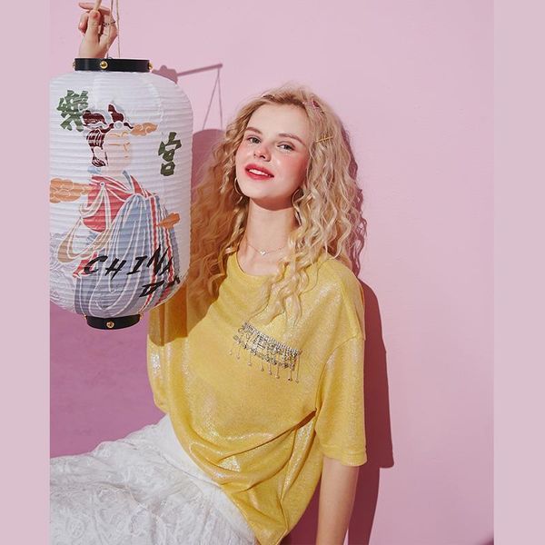 

yellow solid sequins diamond casual harajuku t-shirts women 2021 summer elf lavender pure korean ladies white daily