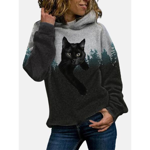 

women's black cat print party pullover hooded sweatshirt graphic 3d printing round neck long sleeve casual fall winter
