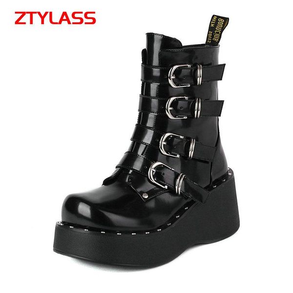 

boots black fashion thick bottom buckle ankle platform women wedges heel short autumn winter woman shoes 2021