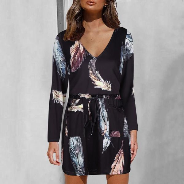 

women's swimwear women long sleeves dress drawstring v-neck feather print waist dresses autumn mini casual female party vestidos robe f, White;black