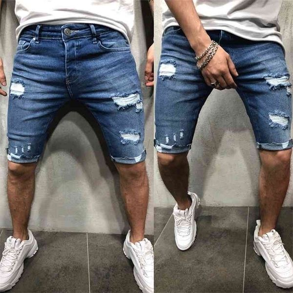 Pantaloncini casual da uomo Jeans alla moda Pantaloni corti Jeans attillati distrutti Pantaloni strappati Denim sfilacciato 210713