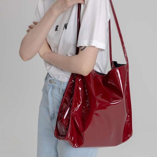 

evening bags solid color patent leather shoulder bag for women fashion simple luxury handbag lady casual travel shopping totes purse sac