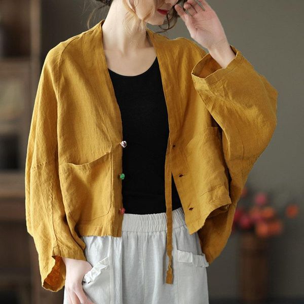 

women's jackets nini wonderland women v neck solid color bat sleeve jacket coat 2021 spring ramie loose cardigan irregular vintage, Black;brown