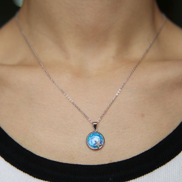 Ultimo pendente a forma di goccia e collana a forma di stella 100% argento sterling 925 gioielleria raffinata opale di fuoco blu gemma estate spiaggia gioielli regali Q0531