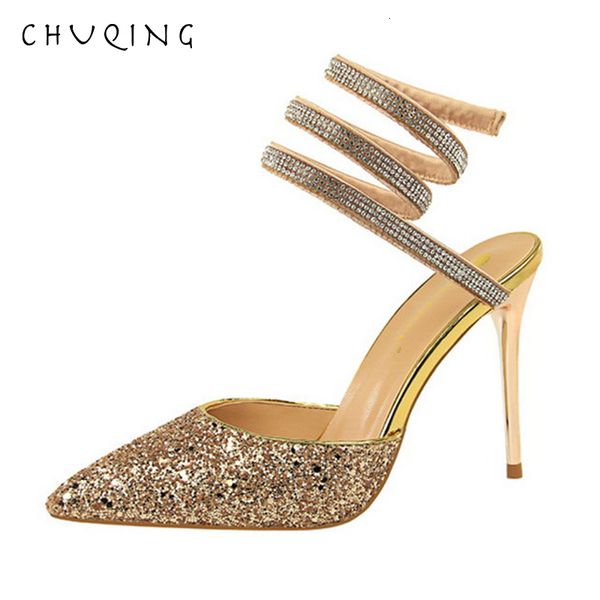 

2021 new chuqing classic high heels shallow mouth pointed shiny sequins feet surrounded with sandals sity, Black