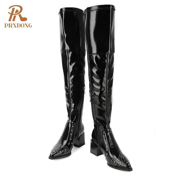

boots est rivets female boot over the knee high heels pointed toe ladies shoes winter retro night club prom women, Black
