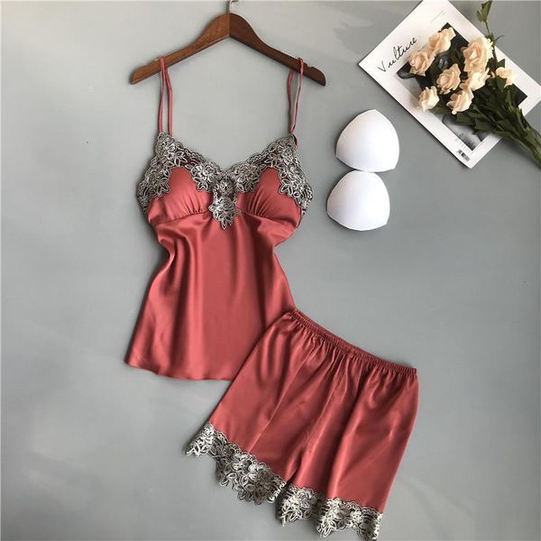 

2020 women pajamas sets with shorts satin silk summer pyjama nightsuits v-neck pajamas for women with chest pads, Black;red