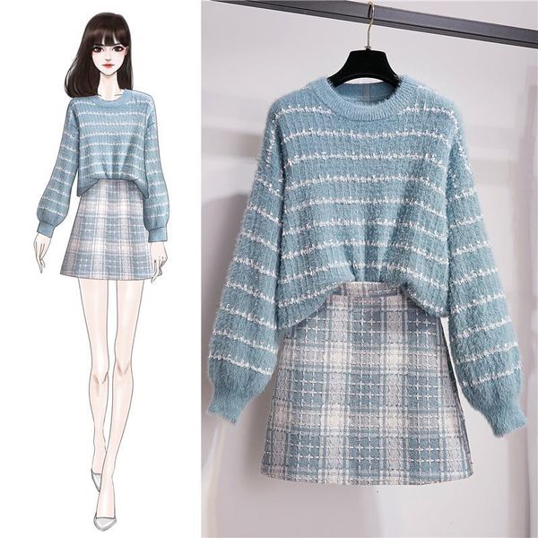 

2021 new women autumn winter elegant two piece female lantern sleeve striped casual pullover knit sweater+tweed skirt suit n26719i1, Black;gray