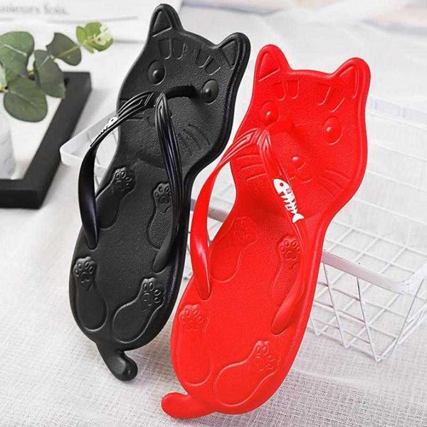 

lovely women summer slippers flip flops casual flats beach woman shoes comfortable sandals home lady non-slip women cat slides y0731, Black