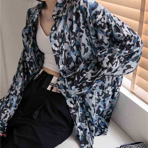 

women's two piece pants camouflage oversized shirt women blue long sleeve blouse loose button up collar fall korean fashi lqxd, White