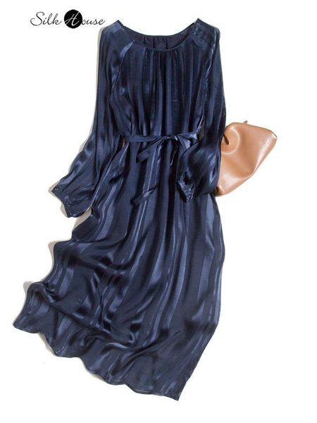 

casual dresses 2021 french lantern sleeve elegant round neck mid length satin lace up mulberry silk dress, Black;gray