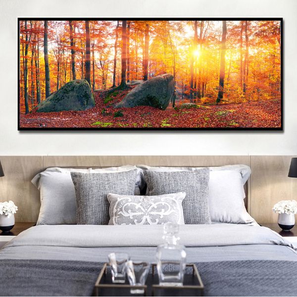 Paesaggio moderno Pittura su tela Autunno Maple Forest Sunrise For Living Room Decor Immagini a parete Dipinti Poster e Stampe d'arte