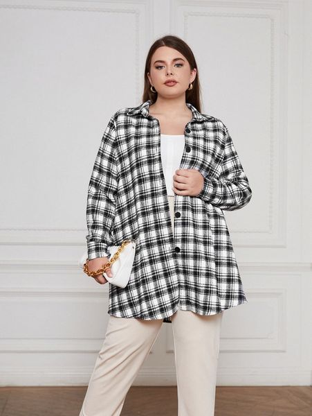 

plus plaid single breasted coat w7s6#, Black