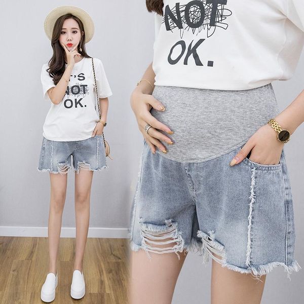 

maternity bottoms summer thin denim shorts ripped hole patchwork loose belly casual clothes for pregnant women pregnancy, White