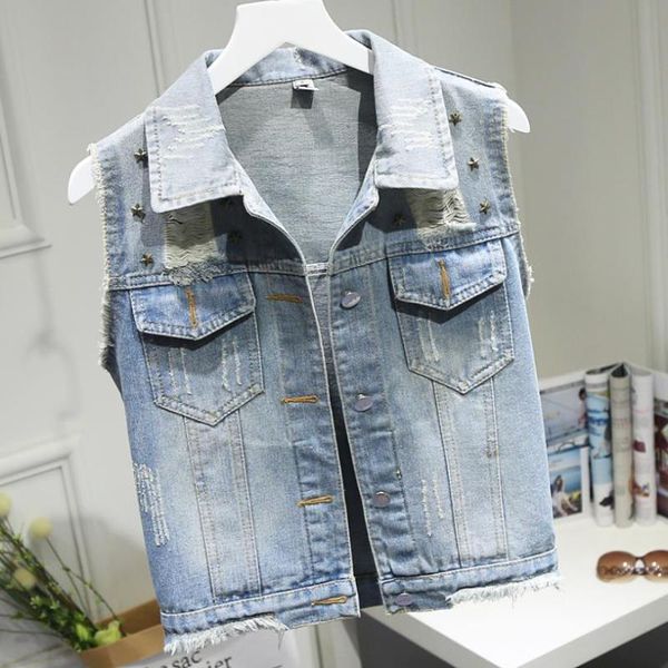 

women's vests plus size 5xl2021 fashion rivet hole denim vest short slim summer sleeveless jeans jacket vintage veste, Black;white