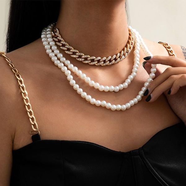 

chokers 2021 bohemian double layer imitation peearl choker necklace for women punk miami cuban chain adjustable rhinestone, Golden;silver