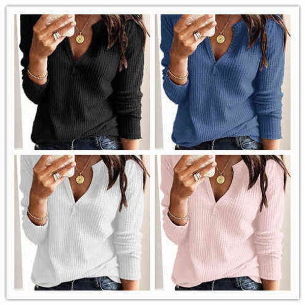 

2021 women's spring and autumn knitted t-shirt waffle v-neck long sleeve, White