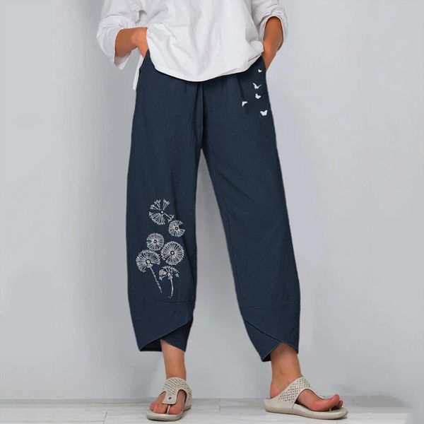 

dandelion print casual loose cotton womens capris and linen roupa mulher wide leg loungewear pantalon large femme, Black;white