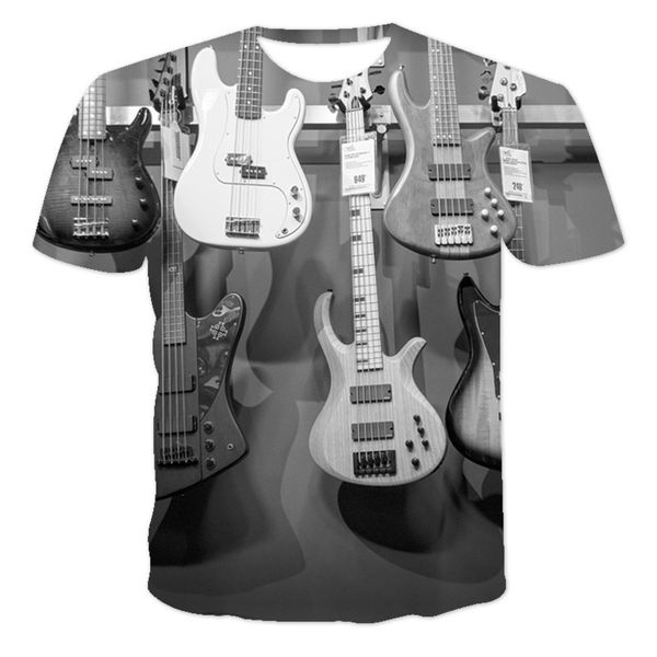 

2021 summer new guitar 3d digital printing t-shirt men's casual pullover short sve or1t, White;black