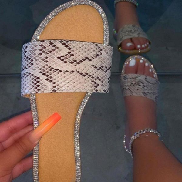 

women slippers 2021 spring summer sandals leopard print rhinestone single layer non-slip beach slippers casual durable sandals, Black