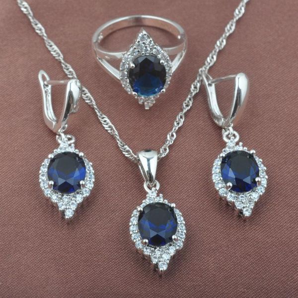 

wedding jewelry sets elegant blue zirconia cz women's 925 sterling silver necklace pendant earrings ring tz0514, Slivery;golden