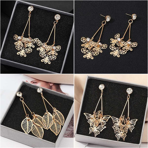 

ez2549 jewelry fashion alloy butterfly with zircon leaves long earrings for women, Silver
