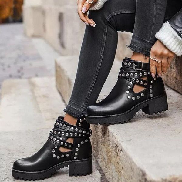 

boots lucyever fashion rivet buckle ankle women autumn goth pu leather platform heels woman round toe plus size short 43, Black