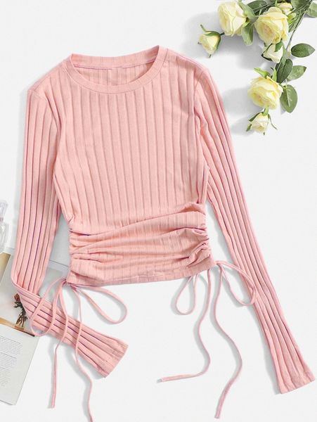 

drawstring side ruched ribbed knit tee t5cn#, White