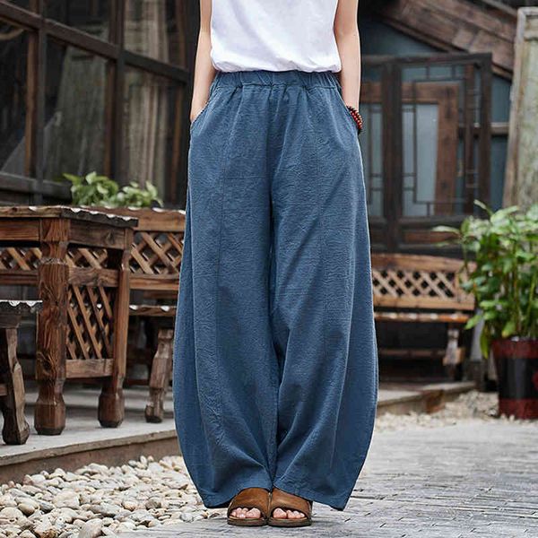 

women's pants & capris casual style cotton linen women 2021 spring summer new elastic waist solid color vintage wide leg mpil, Black;white