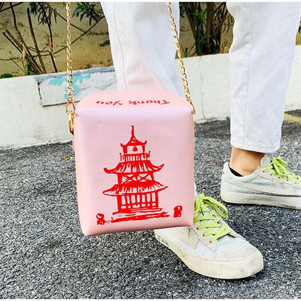 

cross body 2021 women shoulder bag female messenger woman totes pu chain crossbody ladies handbag chinese takeout box print tower