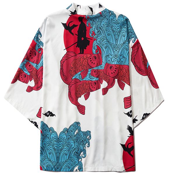 

new aelfric 2021 eden summer harajuku japanese jackets men fish warrior print front open coats kimono loose japan streetwear 20gi, Black;brown