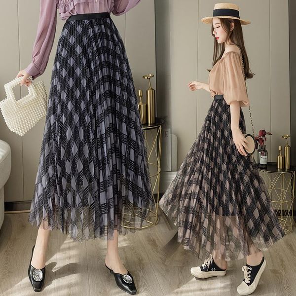 

skirts plaid mesh skirt for women in early spring, Black