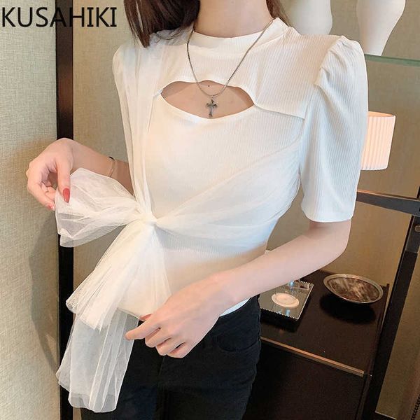

kusahiki summer korean slim t shirts korean hollow-out mesh bow tie graphic tees puff sleeve o-neck women tshirt 6g926 210602, White